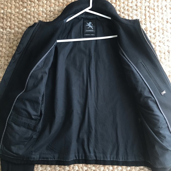 Express Full Zip Lined Wool Blend Moto or Collarless Bomber Jacket Coat - Picture 2 of 16